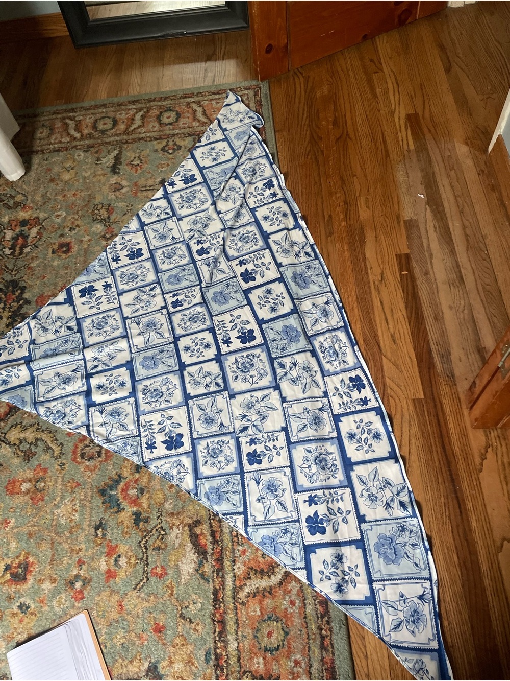 Blue and White Floral Triangle Satin Scarf